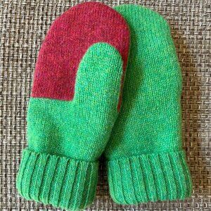 Apple Green/Heather Red Felted Wool Mittens Handcrafted from Repurposed Sweaters